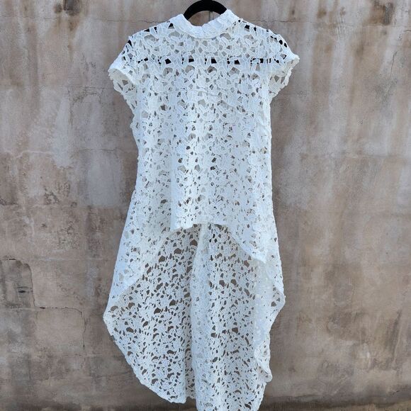 The Royals Crochet Lace High Low Overlay Dress Shirt - Picture 1 of 6